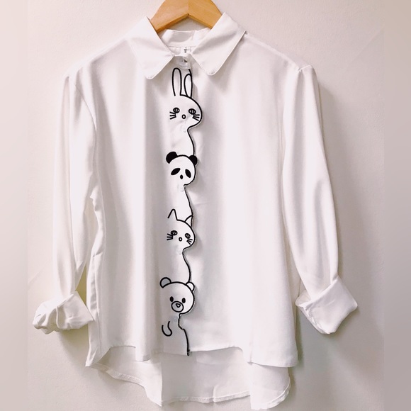 Tops - 🐰🐼😸🐻 Adorable ANIMAL FACES Kawaii Style White Button Up Cat Bunny Blouse